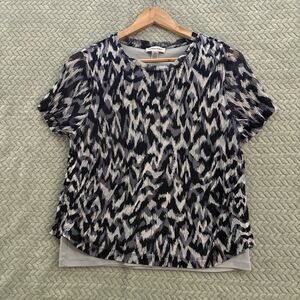 Calvin Klein Abstract Print Short Sleeve Blouse Black Gray White Crew Neck M